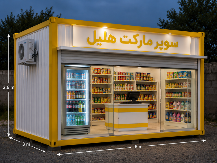 کانکس ۳در۶ فروشگاهی درب کرکره ای و شیشه/طراحی مدرن